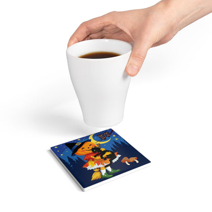🎃🐈‍⬛ The Little Pumpkin Witch And Her Black Cat Ceramic Coaster – Whimsical Halloween Charm
