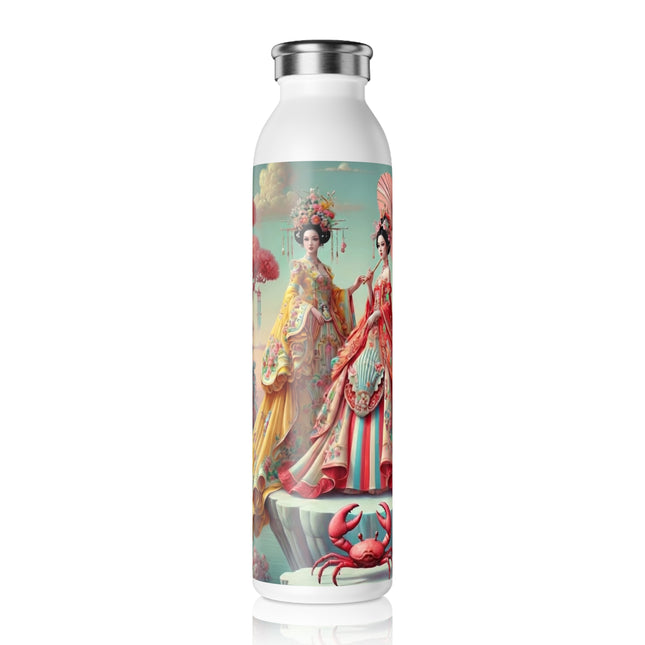 Cherry Blossom Courtesans & Crimson Crab Slim Water Bottle 20oz – Imperial Elegance & Playful Charm