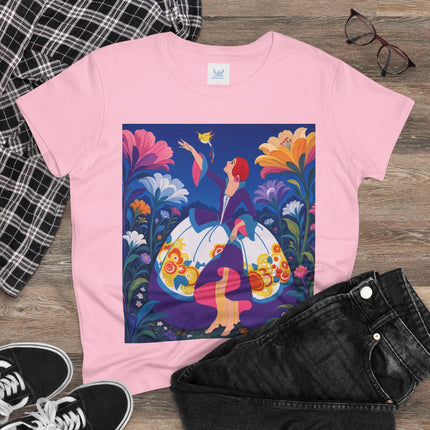 🐦🌸 The Enchanted Birdsong Cotton Tee – Art Deco Garden Whimsy