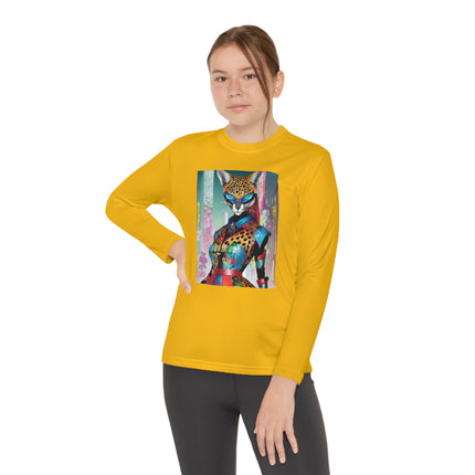 Cyber Cat Glamour Youth Long Sleeve Competitor Tee – Neon Elegance & Futuristic Style