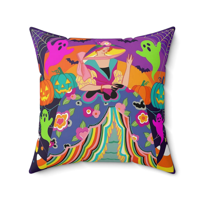 🌈👻 The Rainbow Ghost Masquerade Square Pillow – Colorful Halloween Charm