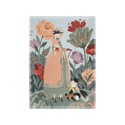 🌸🐈 The Lady And Puss In Boots Grand Floral Promenade Acrylic Art Block – Art Deco Fashion Whimsy