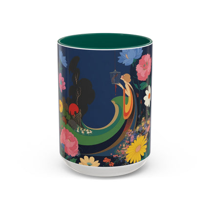 The Lady And The Crimson Moonbird Colorful Mugs – Art Deco Whimsical Garden Elegance