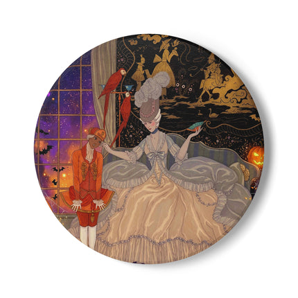 🌙🎃 The Moonlit Parlor Masquerade Ceramic Coaster – Elegant Halloween Romance
