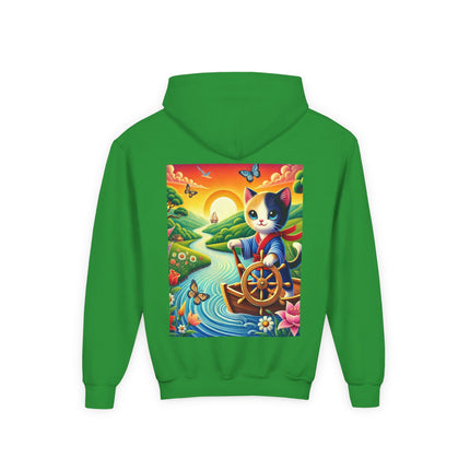 Sailor Kitten’s River Adventure Youth Hooded Sweatshirt – Playful Journey & Colorful Discovery