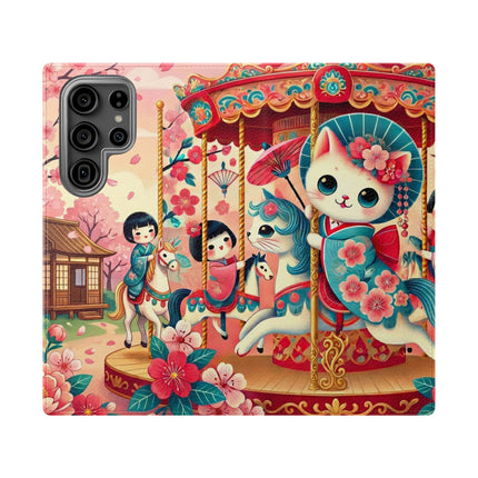 🎠🌸 Geisha Kitten's Enchanted Carousel Flip Case – Whimsical Dreams & Cherry Blossom Magic