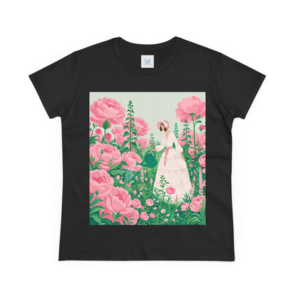 🌸💧 The Rose Garden Watering Cotton Tee – Art Deco Floral Whimsy
