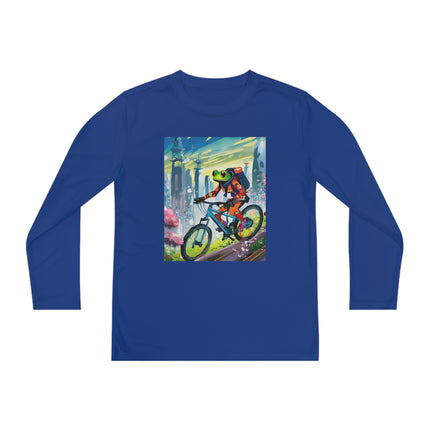 Cyberpunk Frog Youth Long Sleeve Competitor Tee – Neon Trails & Futuristic Adventure