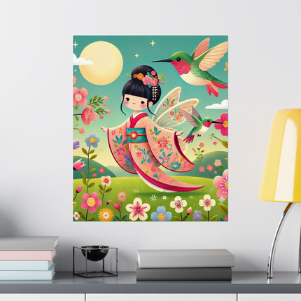 🧚🌺 Geisha Fairy and the Hummingbird Blossom Matte Vertical Poster – Grace, Wonder & Floral Magic