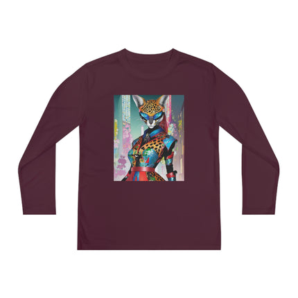 Cyber Cat Glamour Youth Long Sleeve Competitor Tee – Neon Elegance & Futuristic Style