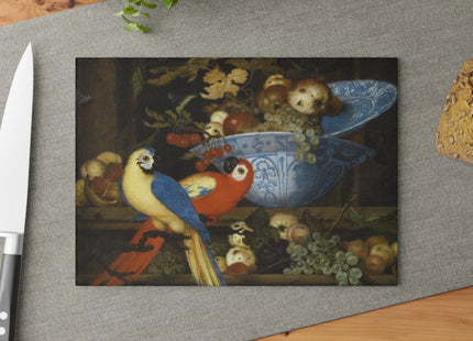 Fruit Still Life With Two Parrots by Balthasar van der Ast Glass Cutting Board