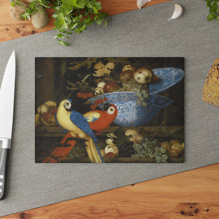 Fruit Still Life With Two Parrots by Balthasar Van der Ast Glass Cutting Board