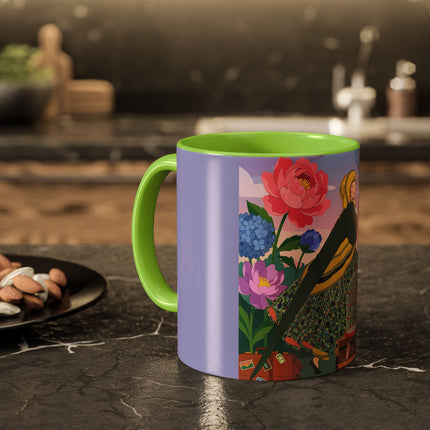 The Lady And The Crimson Birdcage Colorful Mugs – Art Deco Tropical Garden Elegance
