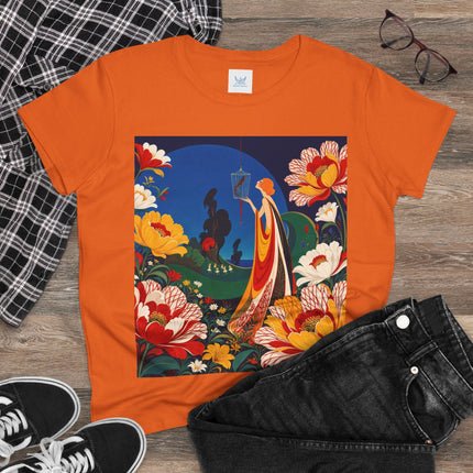 🌺🐦 The Enchanted Birdcage Garden Cotton Tee – Art Deco Floral Fantasy