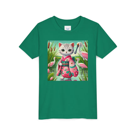 Geisha Kitten Strolls Among the Spoonbills Youth Short Sleeve Tee