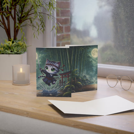 🐱🌕 The Moonlit Samurai Cat Greeting Card – Whimsical Bamboo Adventure