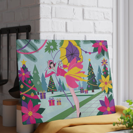 🌂✨ The Lady Of The Enchanted Christmas Garden Glass Cutting Board – Art Deco Holiday Fantasy