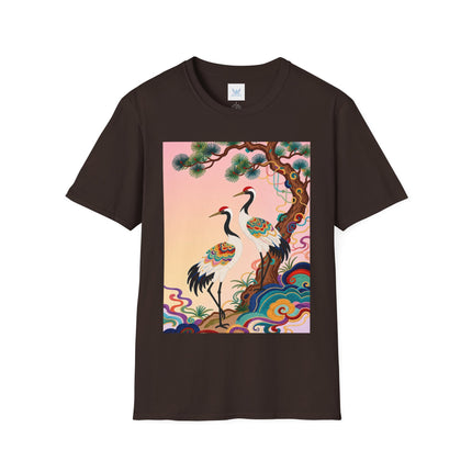 🐦🌸 The Enchanted Crane Garden Softstyle T-Shirt – Oriental Elegance & Colorful Harmony