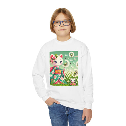 Geisha Kitten and the Dandelion Wish Youth Crewneck Sweatshirt – Gentle Magic, Dreams & Quiet Beauty