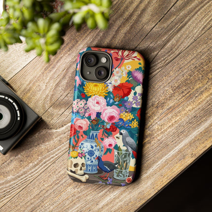 Floral Vanitas Phone Case – Parrot & Porcelain Splendor