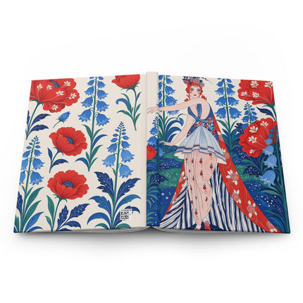 🌺💙 The Lady Of The Scarlet Bluebell Garden Hardcover Journal – Art Deco Floral Fashion Fantasy