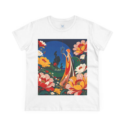 🌺🐦 The Enchanted Birdcage Garden Cotton Tee – Art Deco Floral Fantasy