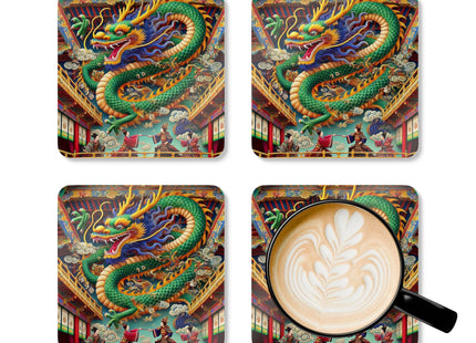 Tibetan Dragon Over Kabuki Duel Corkwood Coaster Set