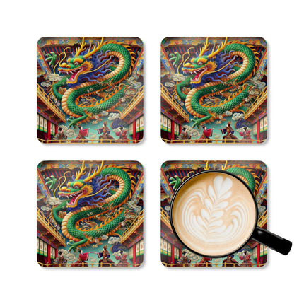 Tibetan Dragon Over Kabuki Duel Corkwood Coaster Set