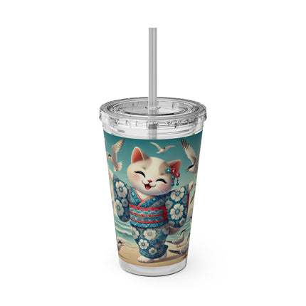 Geisha Kitten by the Seaside Sunsplash Tumbler with Straw, 16oz
