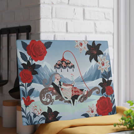 🌹❄️ The Lady Of The Winter Rose Sleigh Glass Cutting Board – Art Deco Alpine Elegance