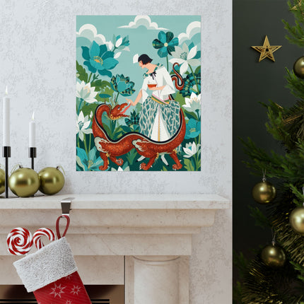 🐉🌿 The Lady Of The Enchanted Dragon Matte Vertical Poster – Art Deco Botanical Whimsy