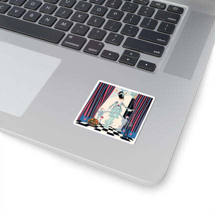 🌹🎭 The Lady Between The Curtains Kiss-Cut Stickers – Art Deco Floral Theatre