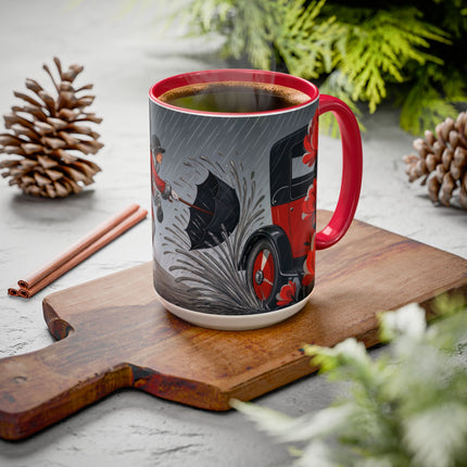 ☔🌹 The Scarlet Rainstorm Promenade Colorful Mug – Art Deco Motoring Elegance
