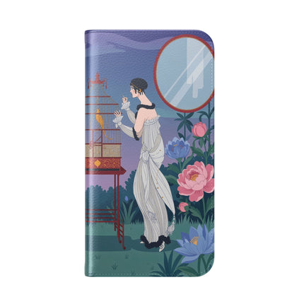 🐦🌸 The Lady And The Golden Bird Flip Case – Art Deco Floral Reverie
