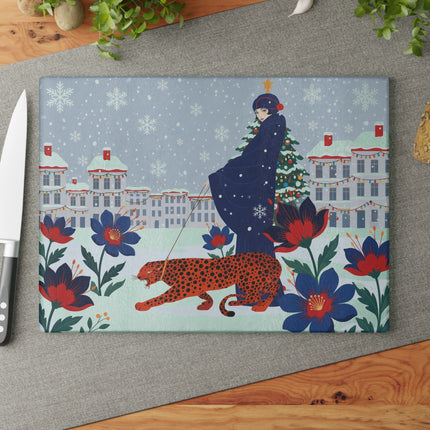 🐆❄️ The Lady And The Christmas Leopard Glass Cutting Board – Art Deco Winter Fantasy