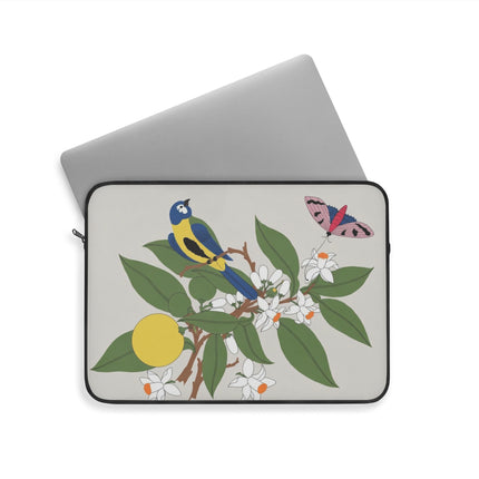 Blue Tit & Butterfly Laptop Sleeve – Elegant Charm & Springtime Grace