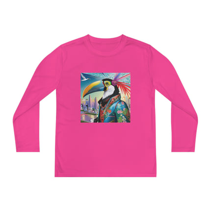 Cyber Toucan Chic Youth Long Sleeve Competitor Tee – Neon Feathers & Futuristic Style