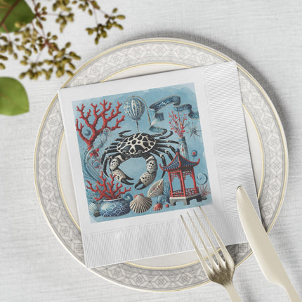 Spotted Crab & Pagoda White Coined Napkins – Mystical Ocean & Asian Harmony
