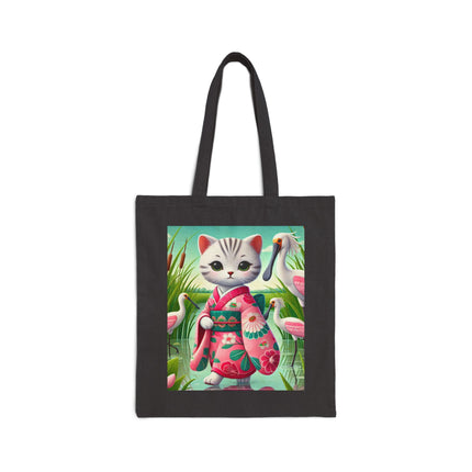 Geisha Kitten Strolls Among the Spoonbills Cotton Canvas Tote Bag – Serene Grace & Marshland Wonder