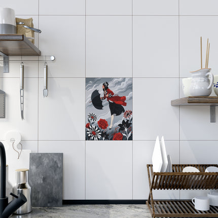 🌹☂️ The Lady In The Storm Ceramic Tile – Art Deco Floral Drama