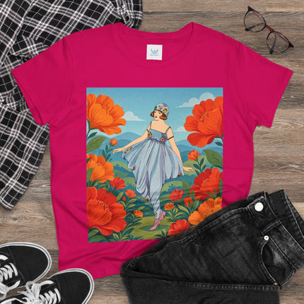 🌺🩵 The Poppy Hill Promenade Cotton Tee – Art Deco Fashion Whimsy