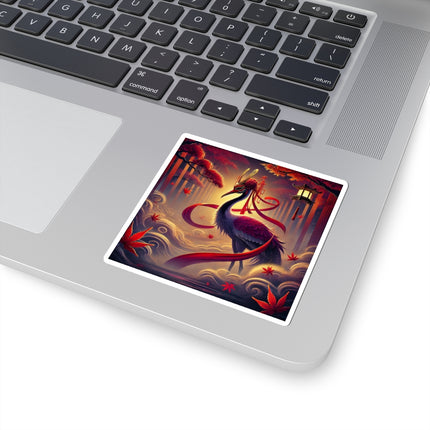 Regal Crimson Crane in the Autumn Mist Kiss-Cut Stickers (4 Sizes)