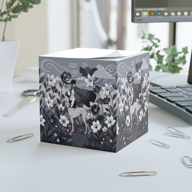 🖤🌸 The Greyhound Floral Promenade Note Cube – Art Deco Monochrome Fashion