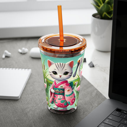 Geisha Kitten Strolls Among the Spoonbills Sunsplash Tumbler with Straw, 16oz