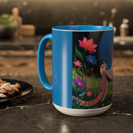 The Lady And The Moonlit Peak Colorful Mugs – Art Deco Alpine Garden Elegance