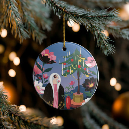 🌹🎄 The Lady Of The Candlelit Rose Tree Ceramic Ornament – Art Deco Christmas Garden