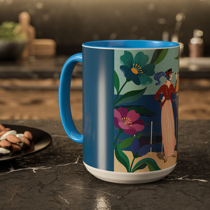 The Lady Of The Golden Horizon Colorful Mugs – Art Deco Coastal Elegance