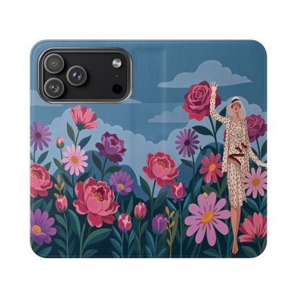 🌸☁️ The Lady Among The Giant Flowers Flip Case – Art Deco Floral Fantasy