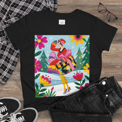 🎄🌺 Christmas In The Winter Garden Cotton Tee – Art Deco Holiday Whimsy