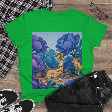 💙🌸 The Lady Among The Blue Blossoms Cotton Tee – Art Deco Floral Reverie